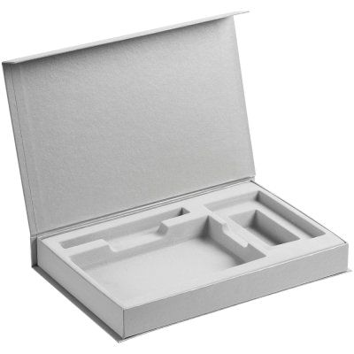 Коробка Silk с ложементом под ежедневник 10x16 см, аккумулятор и ручку, серебристая