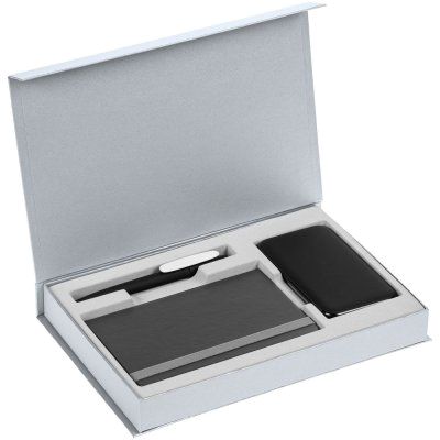 Коробка Silk с ложементом под ежедневник 10x16 см, аккумулятор и ручку, серебристая