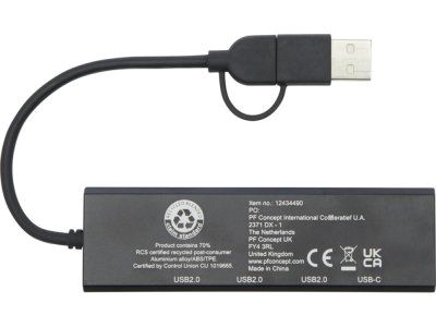 Концентратор USB 2.0 Rise из переработанного алюминия, сертифицированного по стандарту RCS - сплошной черный