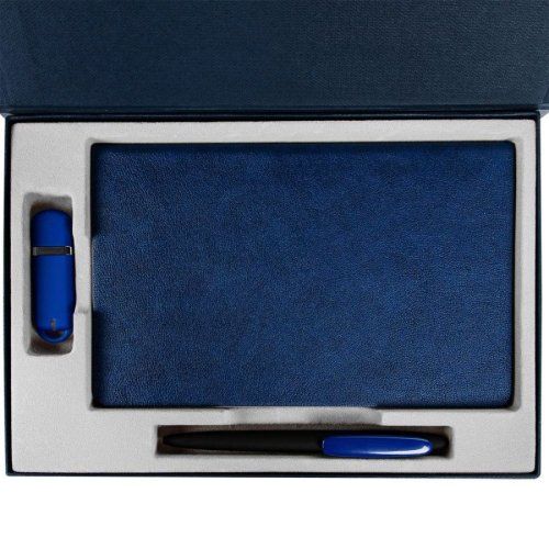 Коробка Silk с ложементом под ежедневник 13x21 см, флешку и ручку, ver. 2, темно-синяя