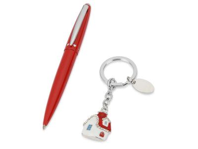 Набор Домик: ручка шариковая, брелок, красный/сребристый