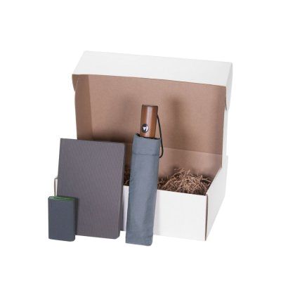 Подарочный набор в большой универсальной коробке, серый (ежедневник, зонт, аккумулятор)