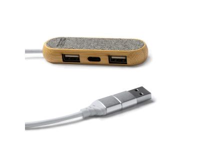 USB-хаб BADOC с корпусом из бамбука и ткани RPET, серый меланж