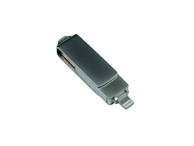 USB-флешка на 32 Гб, интерфейс USB3.0, поворотный механизм,c дополнительными разъемами для I-phone Lightning и Micro USB,  полностью металлический корпус, серебро